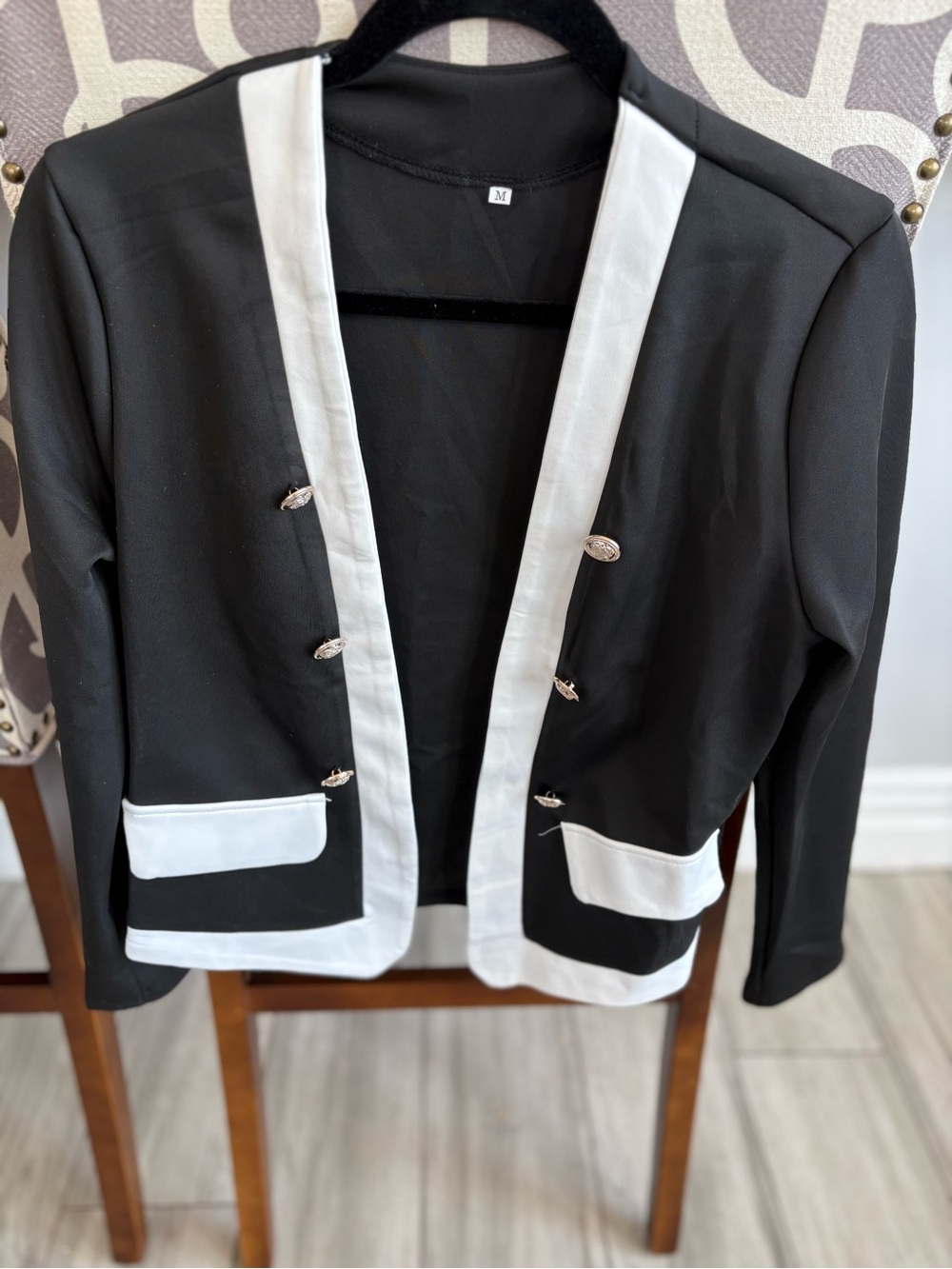 Women's Black Open Blazer with White Trim - Classic Contrast Jacket